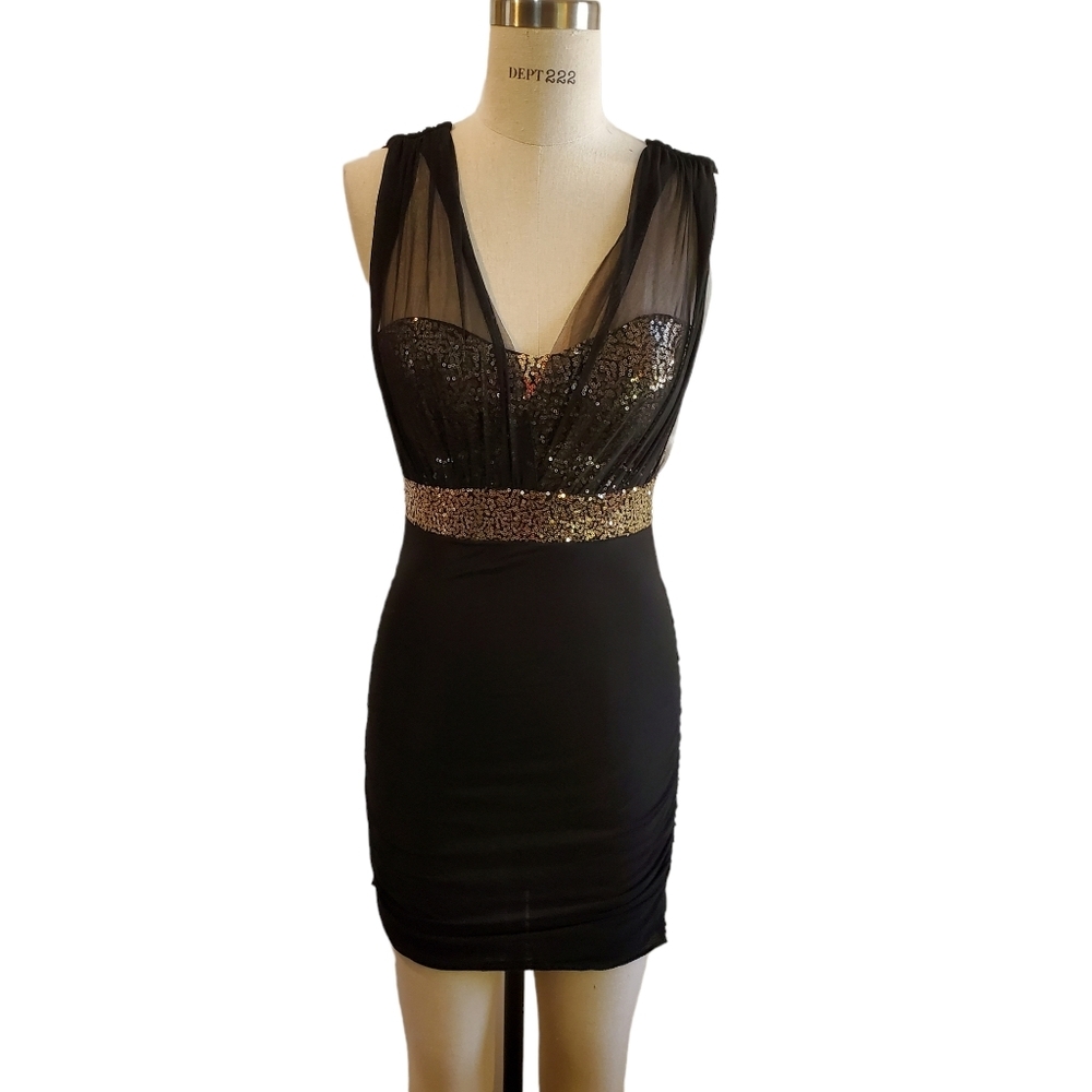 Boutique Evening‎ Party Black W/Gold Sequins Mini Dress Size S